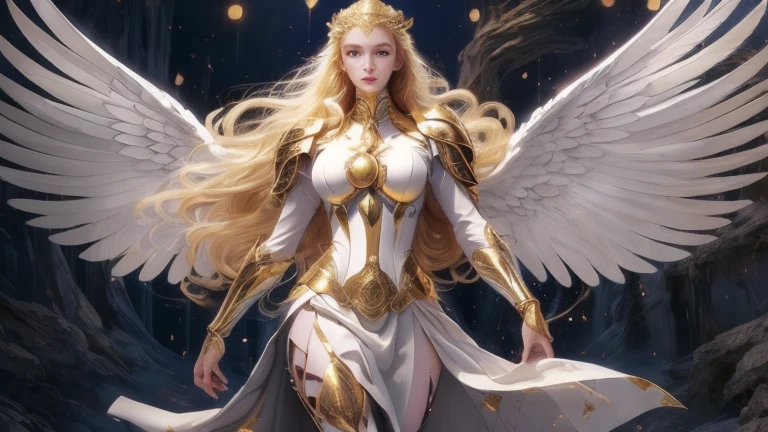 ((best quality)), ((masterpiece)), (detailed), Powerful female warriors,White Goddess, White long hair, Soft gaze,action， Full breasts，Full body exit，There is light in the background，Short clothing，Beautifully decorated golden cyber armor