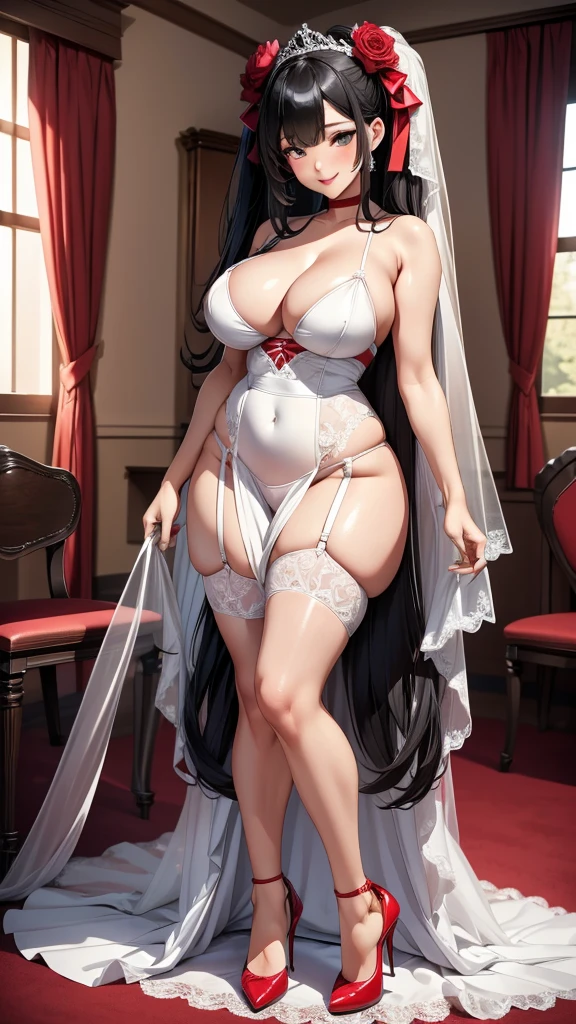 A sexy women, sexy body, curvy body, long straight black hair, twintail hair, red eyes, sexy lips, make up, red colored eyeline, smile, big breasts, sexy hips, sexy expression, anatomically correct, super detail, high quality, highres, 4K, (full body shot), ((white wedding dress, wedding)), bride, garter belts, stockings, high heels