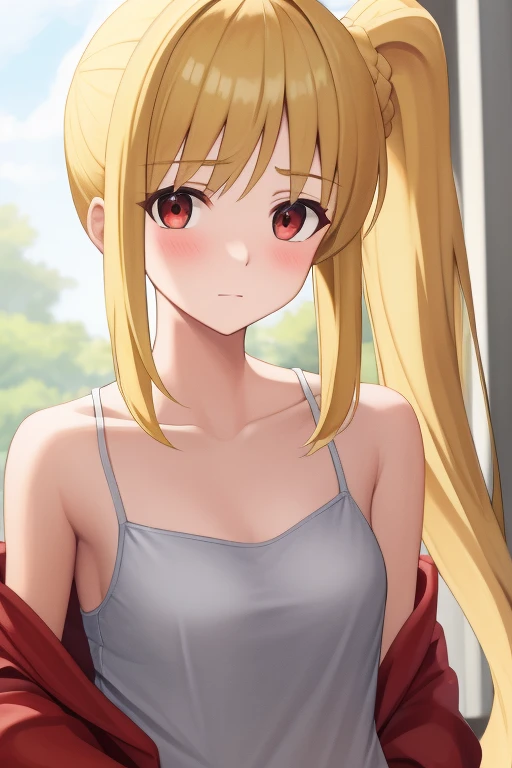 (masterpiece, highest quality:1.2), Blonde girl with red eyes, Side Ponytail, 
camisole,	hand in my pocket ,Embarrassed face, School, 
Super detaileded, highest quality, Expressive eyes, Perfect Face, super high quality, Super detailed