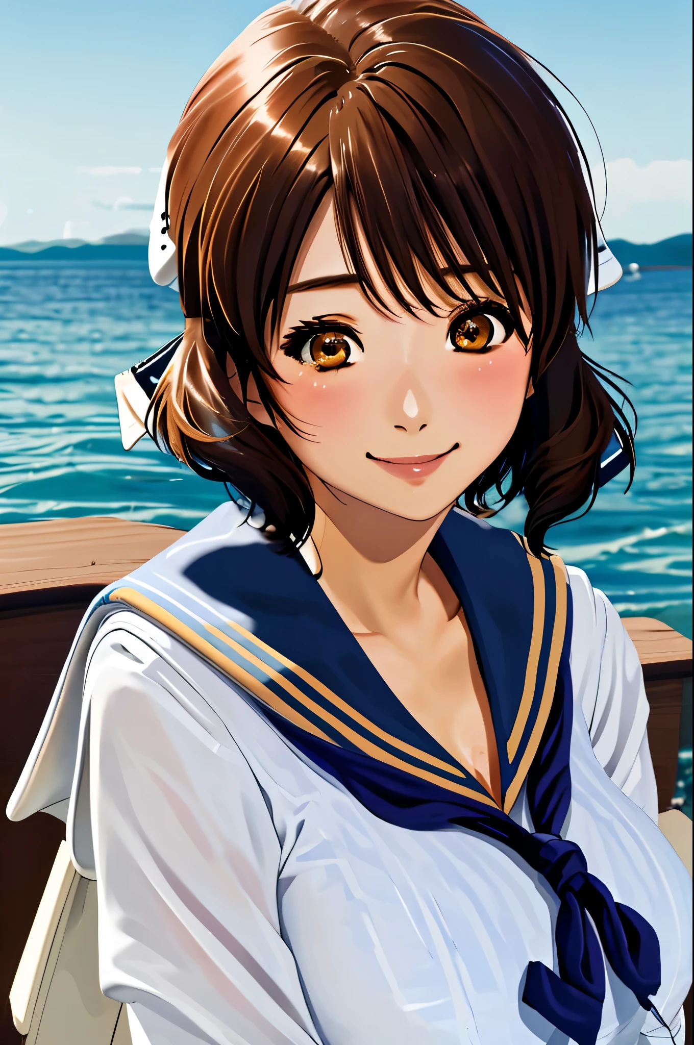 Kumiko Oumae, (Brown eyes:1.5), Brown Hair, short hair, Wavy Hair, Hot face, blush, (Big Breasts:1.3), , ((Sailor suit:1.5)), Red ribbon, One girl, Facing forward, smile