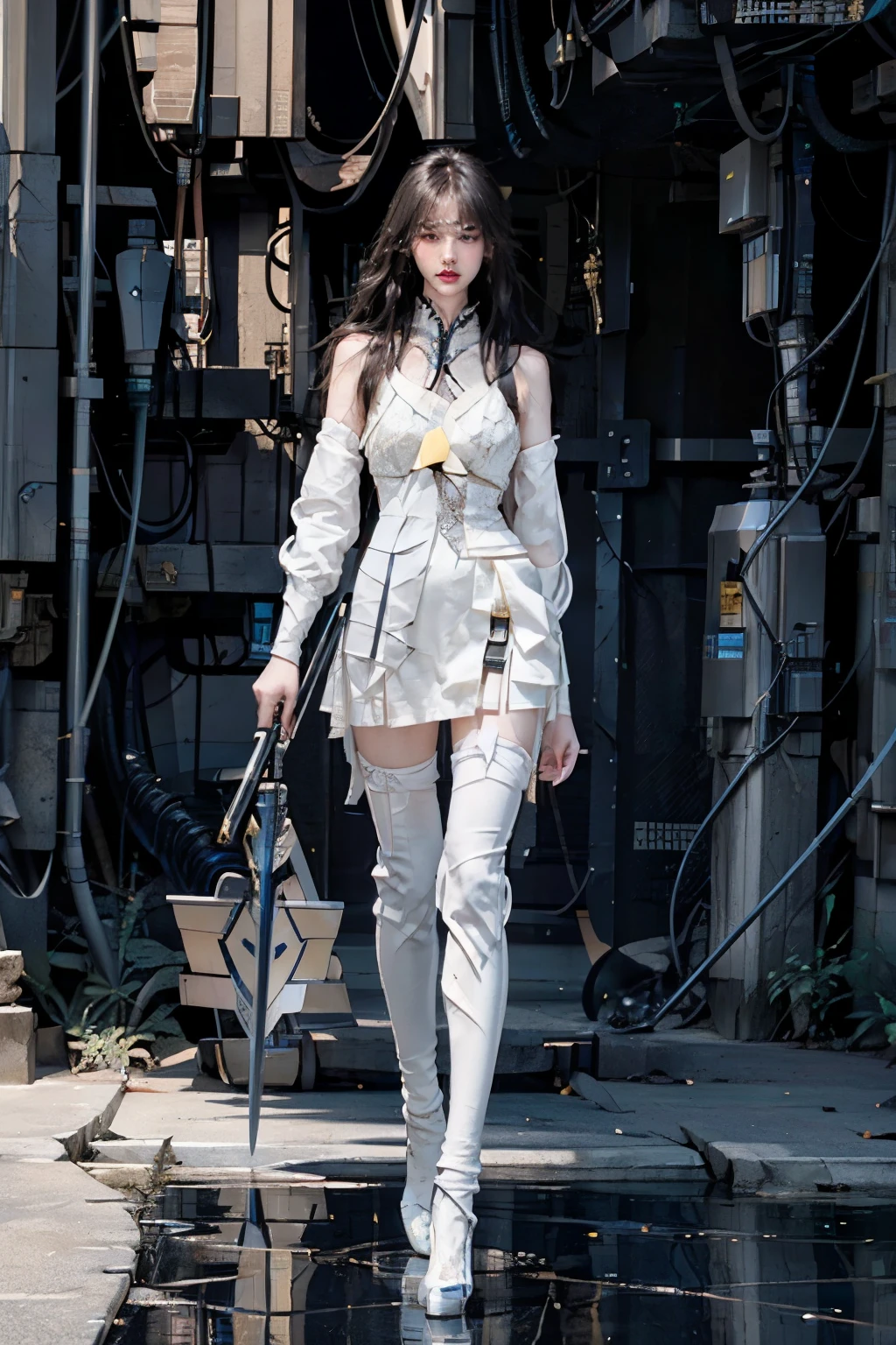 whole body图，whole body，Standing, A woman，Blue and white, concept art, mechanical, reflection, actual, Cyberpunk,Mecha, Slim, White skin, Delicate face,  tights, (Long blond hair), chip, shine, sword