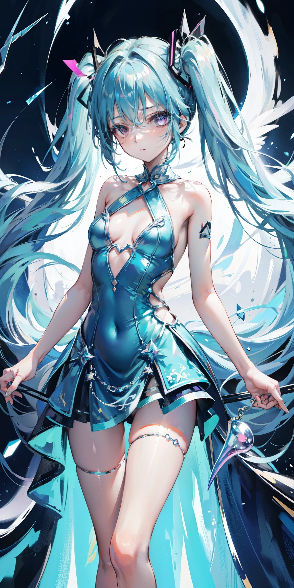 blue theme, Hatsune Miku portrait,masterpiece, magic , (Impossible Dress:1.5), mini skirt, Gradient background, Silver-blue hair, , Bangs,Side Chain, pink eyes, (ulzang-6500-v1.1:0.9), 中等Chest, Chest, Thigh gap, Hair accessories, arching back, Black_witch_have,complicated_decorate,mystery_fountain,luminescent_crystal