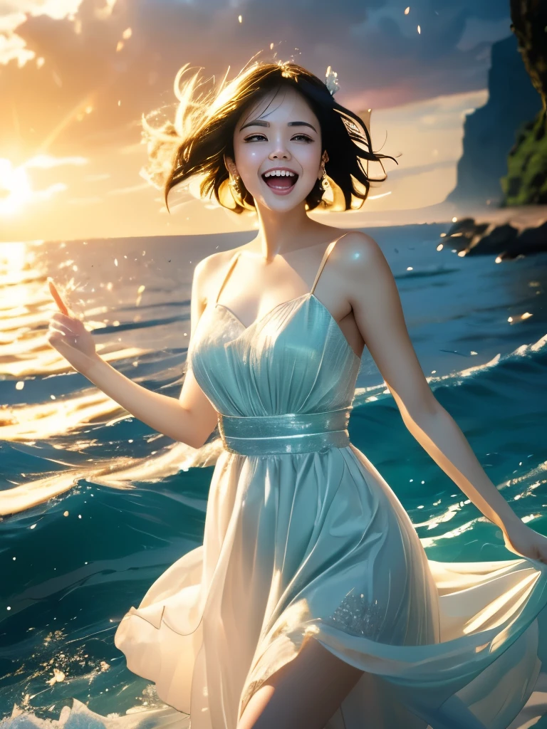 最高masterpiece,highest quality,Highest Resolution:1.2,Realistic,8K Raw Photo:1.5、A cute and playful girl with boyish short hair、Beautiful and delicate portraits、Black Hair,Brown eyes、Pure white dress、Uplifting、Emerald Green Sea,Shining Sea、Mischievous Smile,(Laugh with your mouth wide open:1.37)、Dancing Petals,(highest quality,masterpiece,Ultra-realistic) Floating petals in the background、Sun Shower,Eye highlights,The best shade,Depth of written boundary、Top-notch film footage、