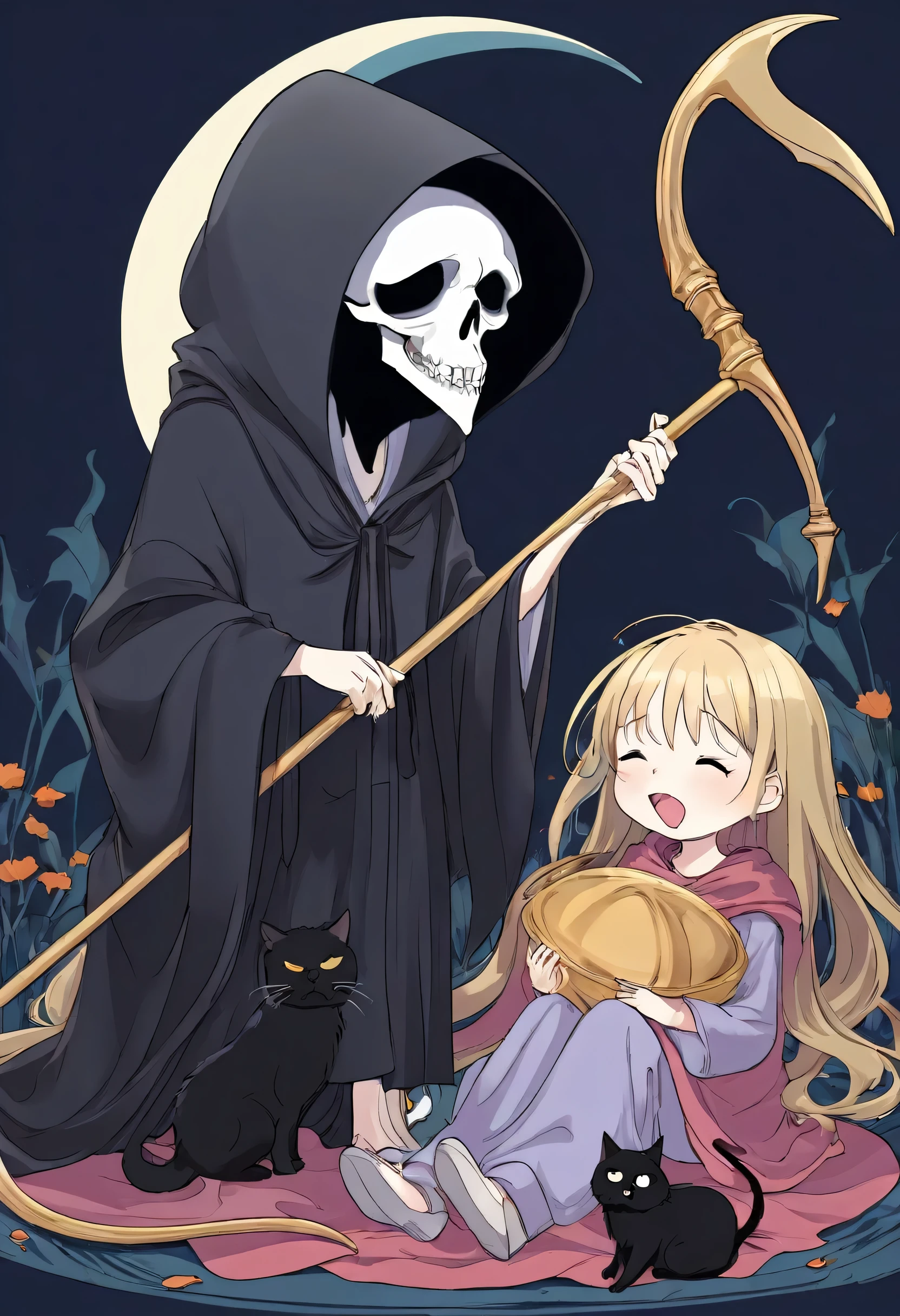 Comical Grim Reaper、Grim Reaper of a Young Girl、He has a scythe bigger than his body.、Sleepy face、Eyes closed、yawn、With a black cat as his servant、Warm impression、Masterpiece、Comical taste、Golden Ratio、