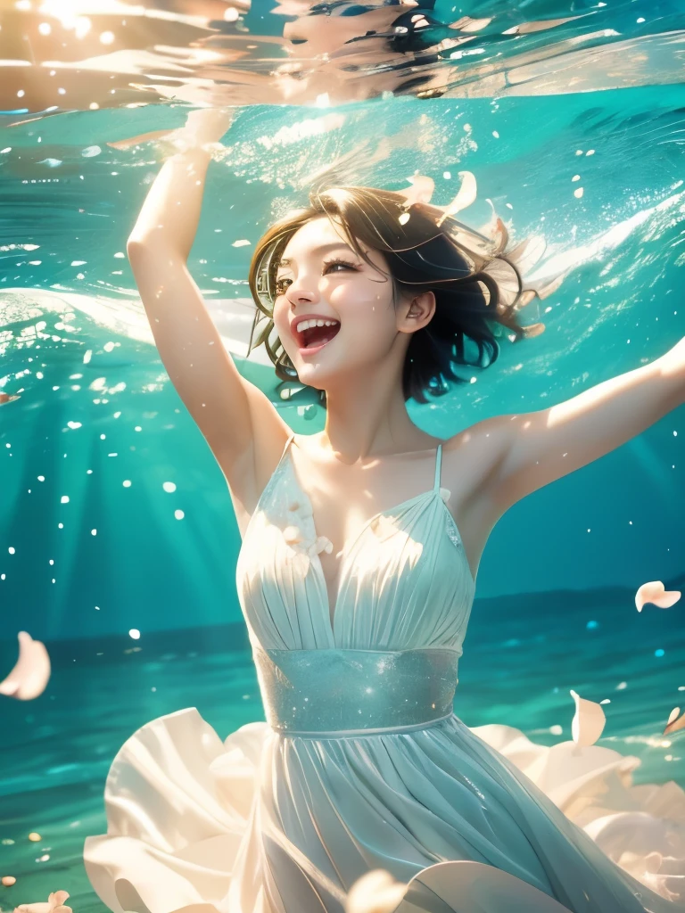 最高masterpiece,highest quality,Highest Resolution:1.2,Realistic,8K Raw Photo:1.5、A cute and playful girl with boyish short hair、Beautiful and delicate portraits、Black Hair,Brown eyes、Pure white dress、Uplifting、Emerald Green Sea,Shining Sea、Mischievous Smile,(Laugh with your mouth wide open:1.37)、Dancing Petals,(highest quality,masterpiece,Ultra-realistic) Floating petals in the background、Sun Shower,Eye highlights,The best shade,Depth of written boundary、Top-notch film footage、