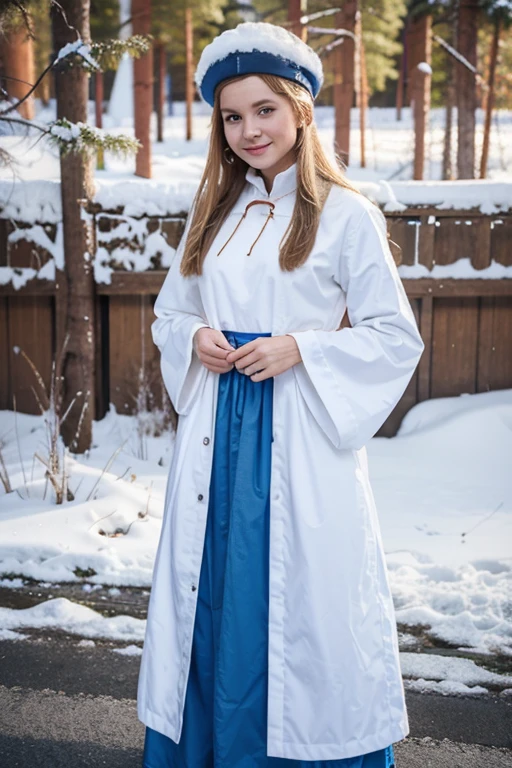 Beautiful woman, 24 years, Finland 🇫🇮, finish ethnicity, dressed in traditional clothing white blue