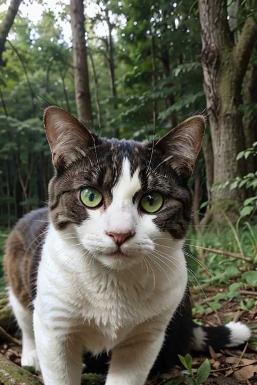 White and black tabby cat in the forest with green eyes