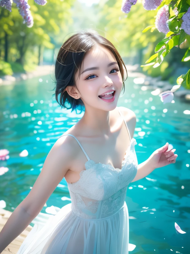 最高masterpiece,highest quality,Highest Resolution:1.2,Realistic,8K Raw Photo:1.5、A cute and playful girl with boyish short hair、Beautiful and delicate portraits、Black Hair,Brown eyes、Pure white dress、Uplifting、Emerald Green Sea,Shining Sea、Mischievous Smile,(Laugh with your mouth wide open:1.37)、Dancing Petals,(highest quality,masterpiece,Ultra-realistic) Floating petals in the background、Sun Shower,Eye highlights,The best shade,Depth of written boundary、Top-notch film footage、