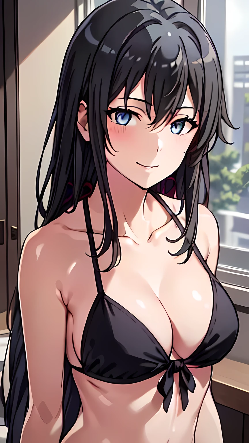 (masterpiece), best quality, expressive eyes, perfect face, 1girl, ( bikini), straight hair, medium breast, bar, black hair, smile