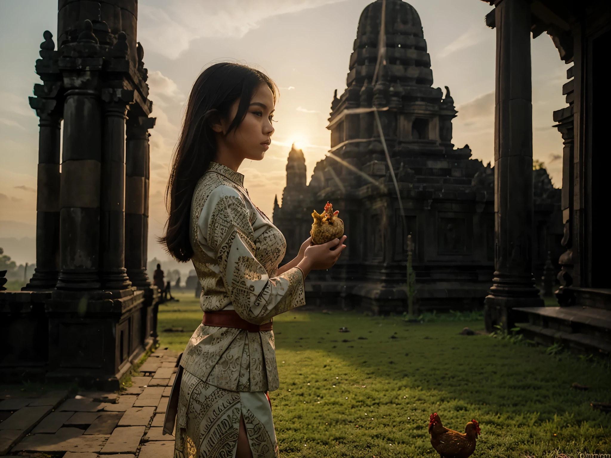 a photograpy of silhouette young lady (solo) wearing javanes indonesian clothes (kebaya), holding chicken, perfect body, good posture, good lighting, good quality. background of unfinish prambanan tample sunrise, detail face, realistic.