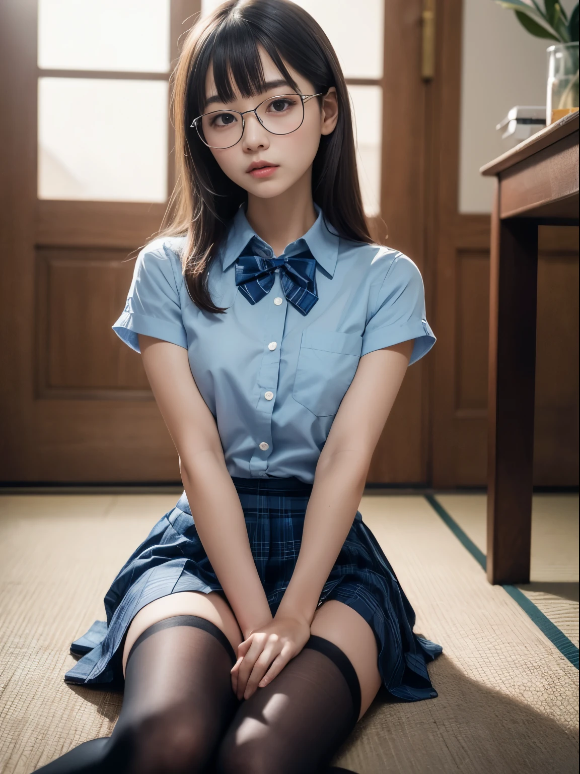 （8K、Raw photography、top-quality、​masterpiece：1.2),Bullish,Muchimuchi,Erotic,Pupils,Light Blue Bra,de pele branca,kne,(Black pantyhose),absurderes,a small face,,flat breast,Parting the bangs from the middle、Forehead visible,(a cold expression,Tight eyes,glares,Bullish,skinny,Rasping,irate)、​masterpiece,top-quality、超A high resolution,Raw photo,ren,Beautiful fece,One Person, solo,eye glass,,Dark look,Small breasts,fullllbody,Round glasses、cute little、JK ,hi-school girl,A Japanese Lady,is standing,（Photorealsitic：1.37）、Photon mapping,Realistic、Cute little face,Brown-eyed、Black socks、(Red bow tie)、Radio City、Physically Based Rendering、Foreground、depth of fields、Blurry background、a picture,The girls、Body,beauty legs, Long legs, Thin leg,(shorttwintail),(Bangs are visible), hair, s lips, Blue_The eye, nosesoft,(Light blue shirt), (Navy and blue and white plaid pleated skirt), Knees are visible,Sheer clothing,, Thigh, Black cotton socks,Nogizaka Idol, , Japanese ido
