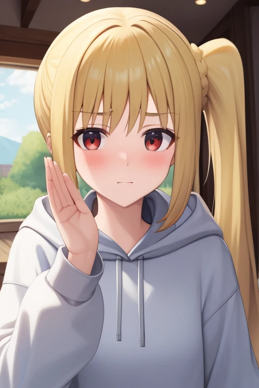(masterpiece, highest quality:1.2), Blonde girl with red eyes, Side Ponytail, 
	hoodie,	salute ,Embarrassed face, Inside the house, 
Super detaileded, highest quality, Expressive eyes, Perfect Face, super high quality, Super detailed
