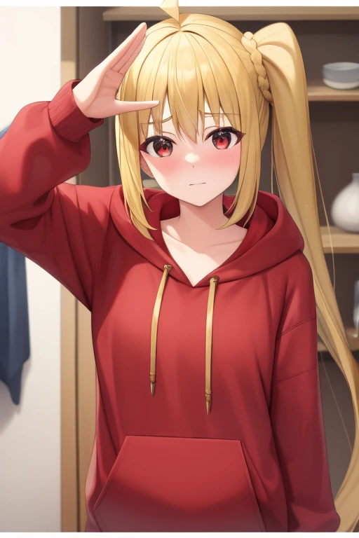 (masterpiece, highest quality:1.2), Blonde girl with red eyes, Side Ponytail, 
	hoodie,	salute ,Embarrassed face, Inside the house, 
Super detaileded, highest quality, Expressive eyes, Perfect Face, super high quality, Super detailed