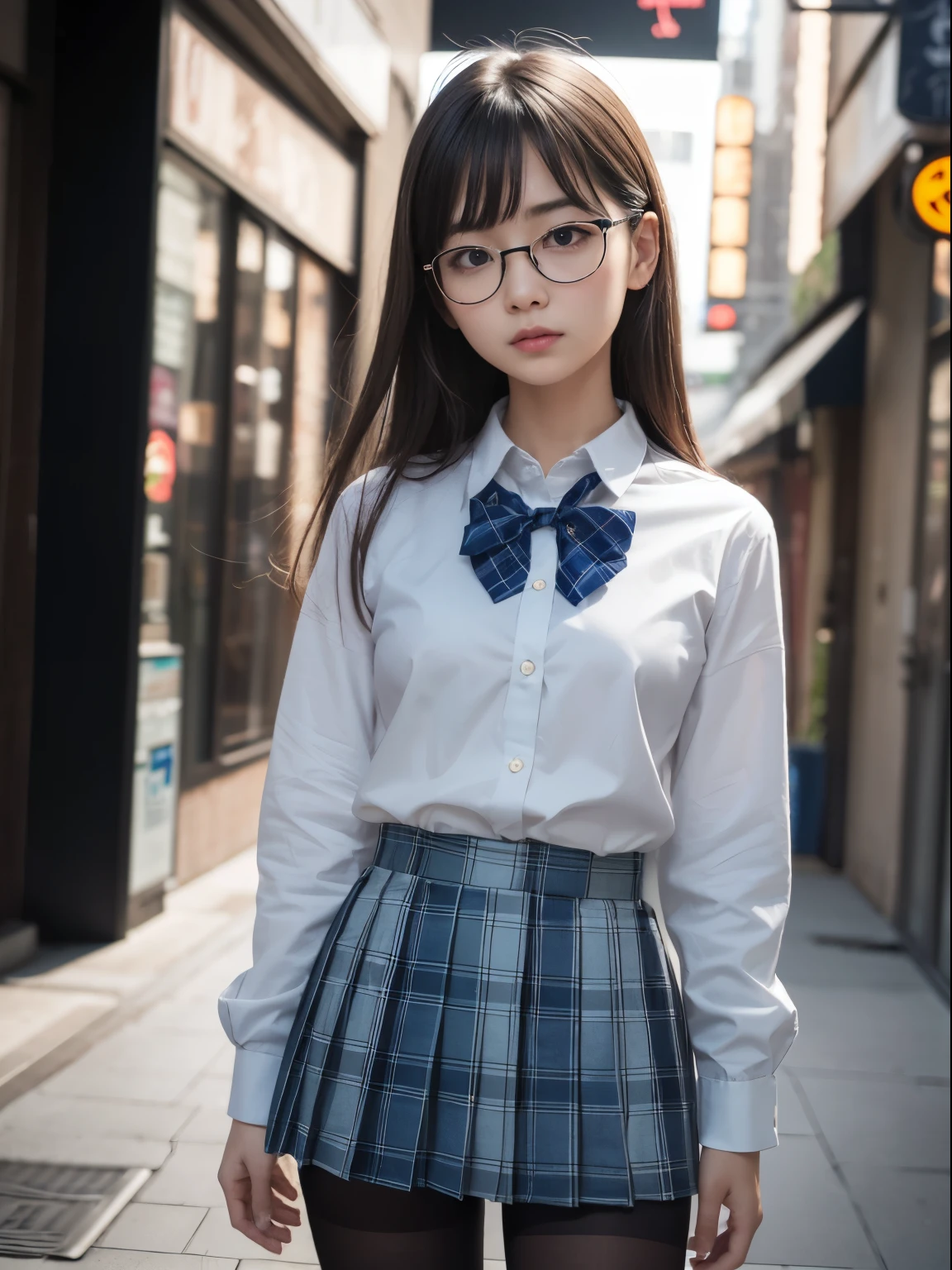 （8K、Raw photography、top-quality、​masterpiece：1.2),Bullish,Muchimuchi,Erotic,Pupils,Light Blue Bra,de pele branca,kne,(Black pantyhose),absurderes,a small face,,flat breast,Parting the bangs from the middle、Forehead visible,(a cold expression,Tight eyes,glares,Bullish,skinny,Rasping,irate)、​masterpiece,top-quality、超A high resolution,Raw photo,ren,Beautiful fece,One Person, solo,eye glass,,Dark look,Small breasts,fullllbody,Round glasses、cute little、JK ,hi-school girl,A Japanese Lady,is standing,（Photorealsitic：1.37）、Photon mapping,Realistic、Cute little face,Brown-eyed、Black socks、(Red bow tie)、Radio City、Physically Based Rendering、Foreground、depth of fields、Blurry background、a picture,The girls、Body,beauty legs, Long legs, Thin leg,(shorttwintail),(Bangs are visible), hair, s lips, Blue_The eye, nosesoft,(Light blue shirt), (Navy and blue and white plaid pleated skirt), Knees are visible,Sheer clothing,, Thigh, Black cotton socks,Nogizaka Idol, , Japanese ido