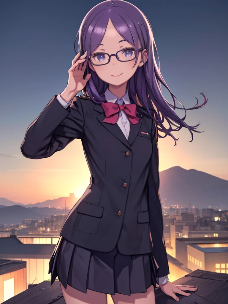 Close-up of a person in uniform on a roof、(RAWphotograph, 最high quality), (And soul:1.2), (1 Female), Absurd, 受賞photograph, Extremely detailed, Very complicated, ((Purple Hair, Glasses)), (Small face), Beautiful Eyes, Long eyelashes, Beautiful double eyelids, Slender, ((School uniform, blazer, Pleated skirt)), ((Smiling with teeth showing)), ((Night Scenery)), (((Hill with a nice view))),Show your back, Rotation Pose, Shallow depth of field, Realistic, Very detailed, photograph, Tabletop, high quality, high quality, High resolution, Professional Lighting, (Glowing Skin:0.9),