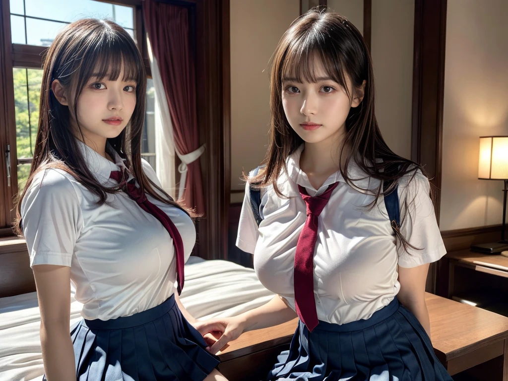 (RAW photo, 4k, masterpiece, high resolution, extremely complex) (realistic: 1.4), cinematic lighting
 ((2 girls, choolgirls)),Slam Dunk's,blushing,((innocent)),(Dark makeup),bright eyes,round eyes,blunt bangs,(straight hair:1.3),black hair,large breasts,wide hips,Summer Noon, 20 year old girl、cute type、lolHot, (Best Quality), (Highres), (an Extremely Delicate and Beautiful),(Beautiful 8k face),(Brown eyes),short bob hair,( spectators),(gigantic breasts),(Play with each other,Touching each other's bodies,Touching the body),(Japanese high school uniform:1.3),blue skirt,(reality),bright lighting,(The background is a luxury hotel room)