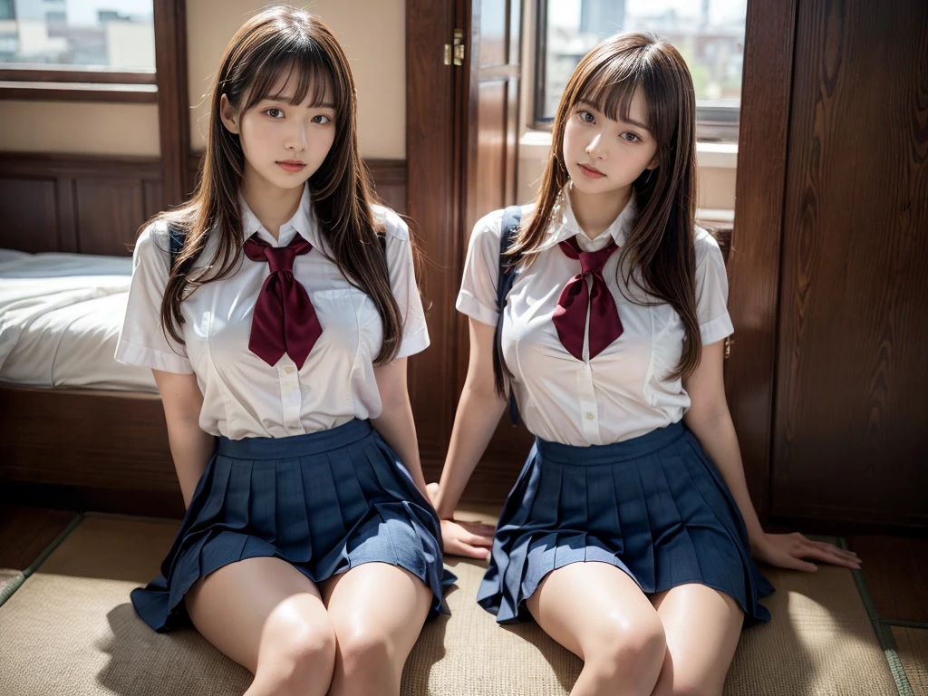 (RAW photo, 4k, masterpiece, high resolution, extremely complex) (realistic: 1.4), cinematic lighting
 ((2 girls, 2 schoolgirls)),Slam Dunk's,blushing,((innocent)),(Dark makeup),bright eyes,round eyes,blunt bangs,(straight hair:1.3),black hair,large breasts,wide hips,Summer Noon, 20 year old girl、cute type、lolita,Hot, (Best Quality), (Highres), (an Extremely Delicate and Beautiful),(Beautiful 8k face),(Brown eyes),short bob hair,( spectators),(gigantic breasts),(Play with each other,Touching each other's bodies,Touching the body),(Japanese high school uniform:1.3),blue skirt,(reality),bright lighting,(The background is a luxury hotel room)
