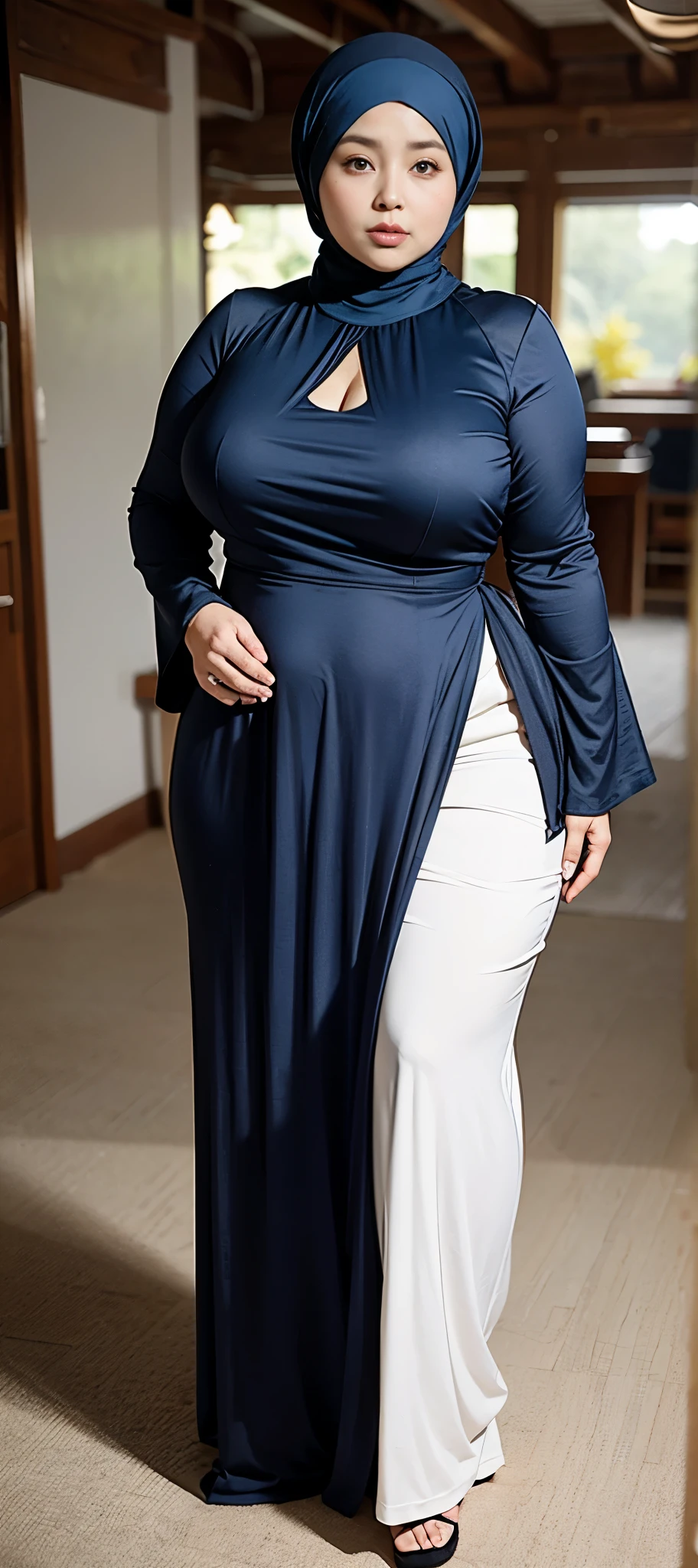 Chubby woman with fat belly and tight thighs, full body, 50-year-old mature woman, thick hips, thick neck, thick chest, big eyes, wearing a longest dress, wearing a hijab, hijabi woman