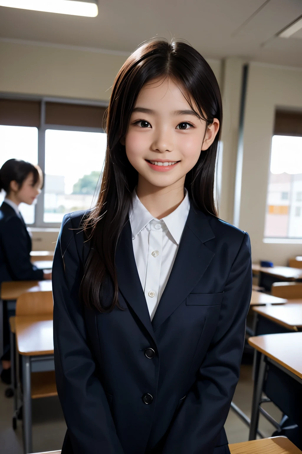 lens: 135mm f1.8, (highest quality),(RAW Photos),, classroom, uniform,cute, smile, close, 