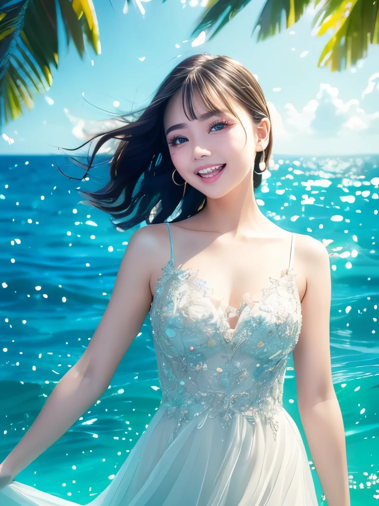 最高masterpiece,highest quality,Highest Resolution:1.2,Realistic,8K Raw Photo:1.5、A cute and playful girl with boyish short hair、Beautiful and delicate portraits、Black Hair,Brown eyes、Pure white dress、Uplifting、Emerald Green Sea,Shining Sea、Mischievous Smile,(Laugh with your mouth wide open:1.37)、Dancing Petals,(highest quality,masterpiece,Ultra-realistic) Floating petals in the background、Sun Shower,Eye highlights,The best shade,Depth of written boundary、Top-notch film footage、