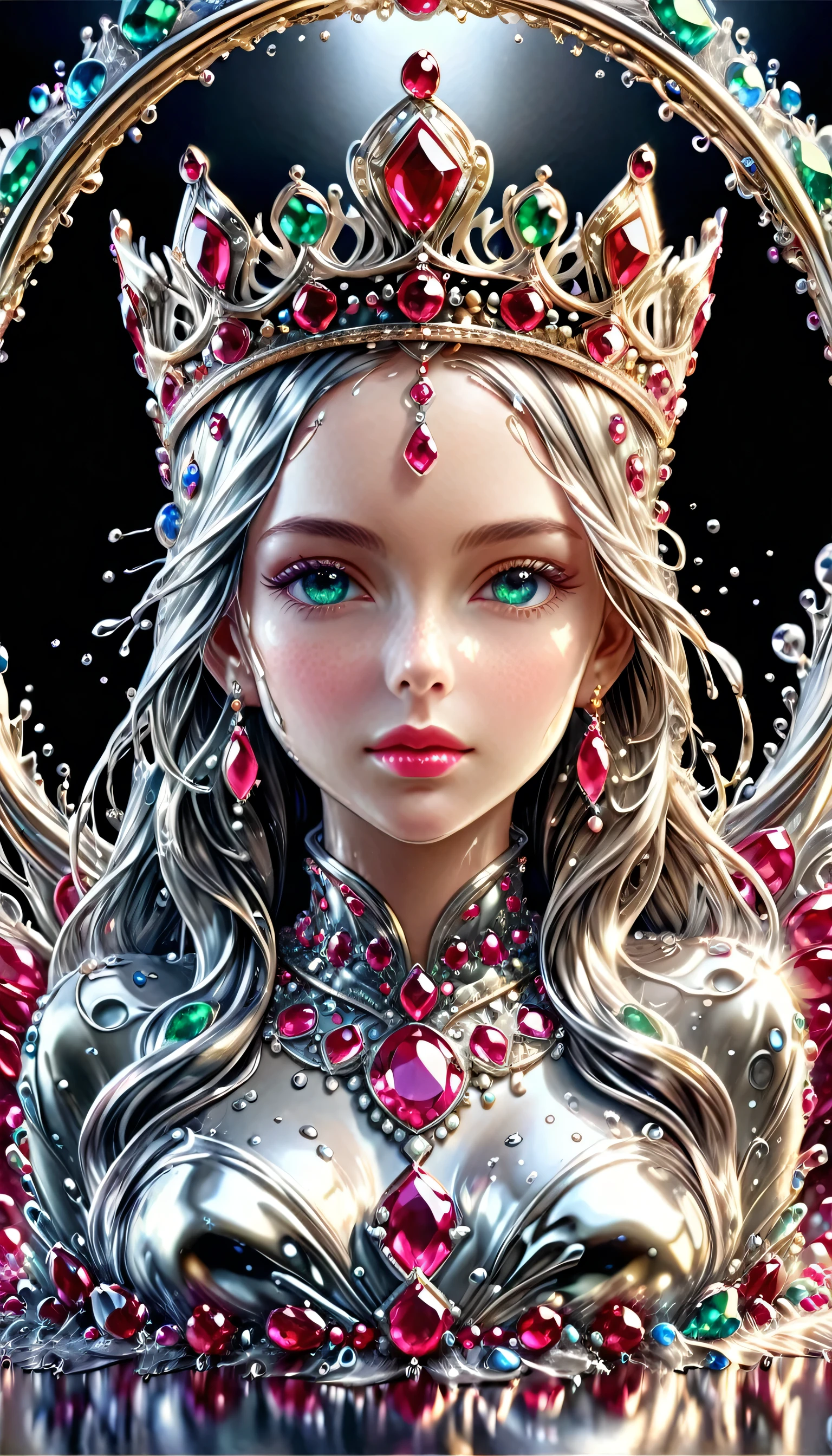 (liquid metal art: 1.5) LIQUID METAL a picture of jeweled crown ( (masterpiece, best detailed, best quality: 1.4), the crown is made from (gold: 1.2), (silver: 1.3), it is encrusted and decorated with (rubies: 1.3), emeralds: 1.3) and (opals: 1.3), dynamic background, close range picture,  ultra wide shot, photorealism, depth of field, hyper realistic, ral-ntrgmstn, watce, metallic