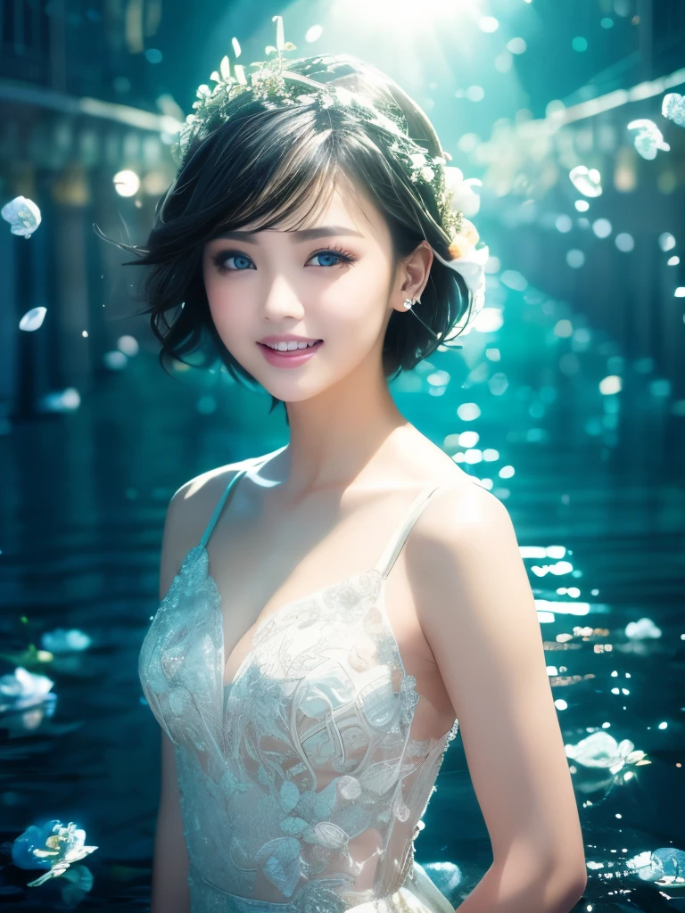 最高masterpiece,highest quality,Highest Resolution:1.2,Realistic,8K Raw Photo:1.5、A cute and playful girl with boyish short hair、Beautiful and delicate portraits、Black Hair,Brown eyes、Pure white dress、Uplifting、Emerald Green Sea,Shining Sea、Mischievous Smile,(Laugh with your mouth wide open:1.37)、Dancing Petals,(highest quality,masterpiece,Ultra-realistic) Floating petals in the background、Sun Shower,Eye highlights,The best shade,Depth of written boundary、Top-notch film footage、