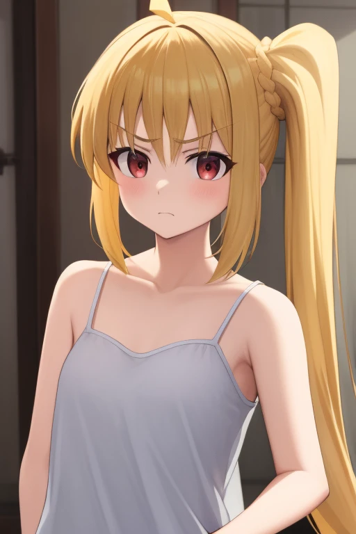 (masterpiece, highest quality:1.2), Blonde girl with red eyes, Side Ponytail, camisole, hand in my pocket ,Angry face, Inside the house, Super detaileded, highest quality, Expressive eyes, Perfect Face, super high quality, Super detailed