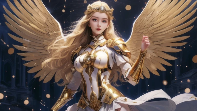 ((best quality)), ((masterpiece)), (detailed), Powerful female warriors,goddess, White long hair, Soft gaze，action， Full breasts，Full body shot，Fly in the air，There is light in the background，Short clothing，Beautifully decorated golden cyber armor