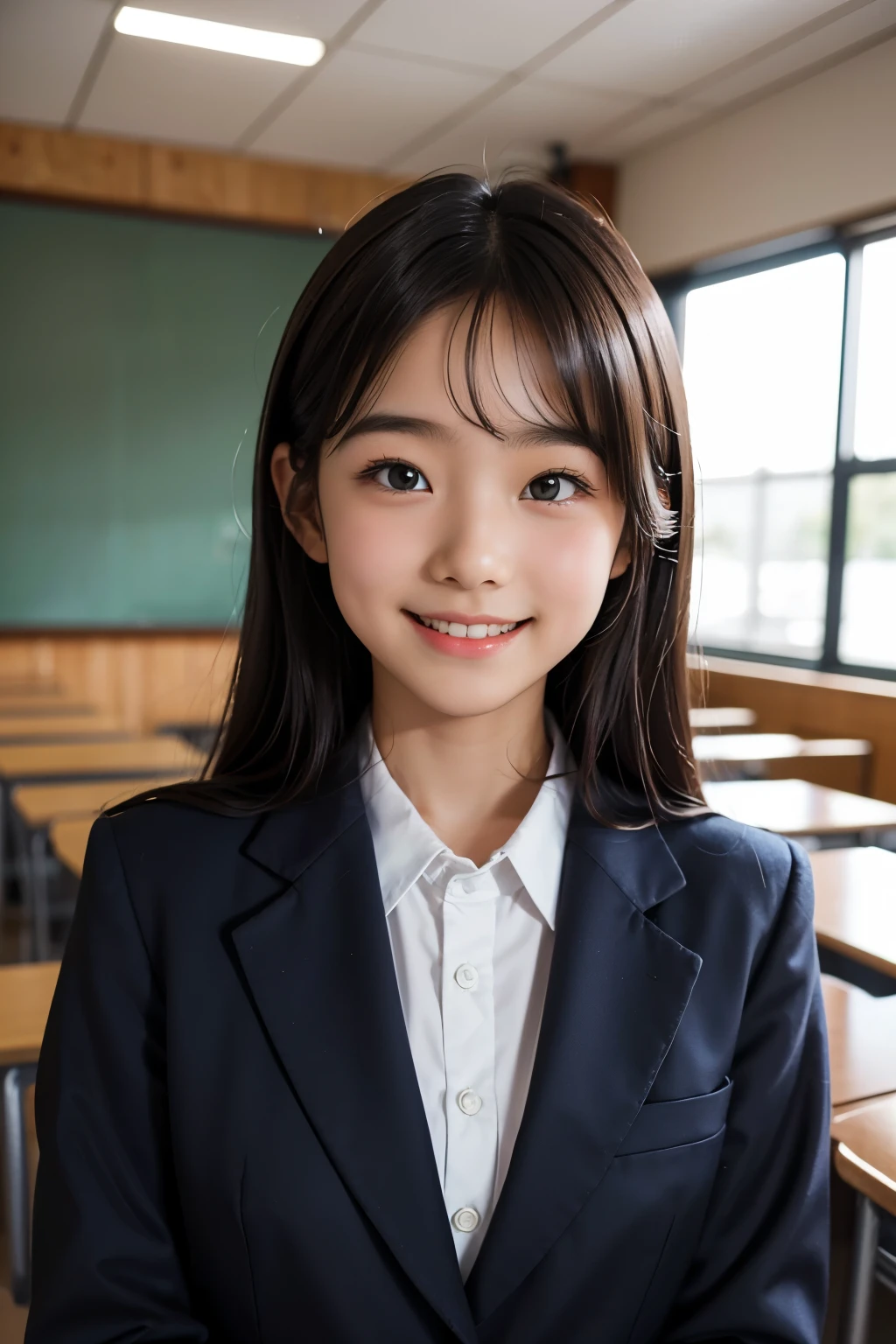 lens: 135mm f1.8, (highest quality),(RAW Photos),, classroom, uniform,cute, smile, close, 13 years old