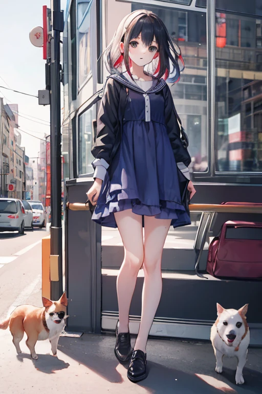 multiple exposure girl in a dress walks through the city, bird, dog, bus high detail, drawing contours, multi-layered colored pencil drawing , oil , wide viewing angle