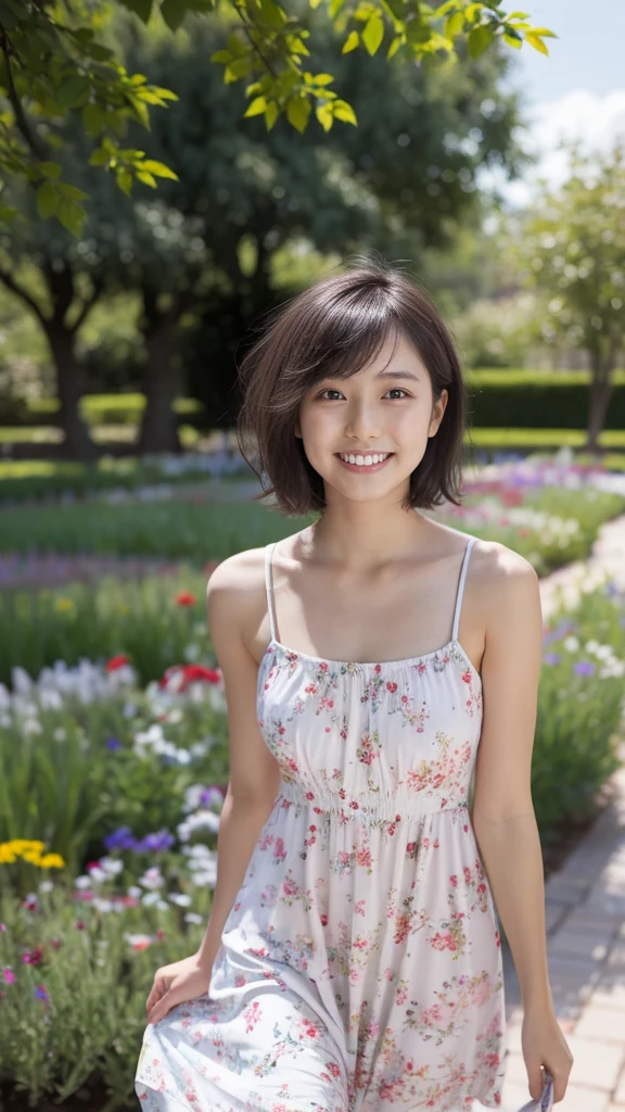 masterpiece, highest quality, disorganized, perfect anatomy, 1 girl, alone, pascal tales, short hair, beautiful, Hilarious, sunny day, botanical garden, Summer winds, sundress, Floral, wavy hair, smile