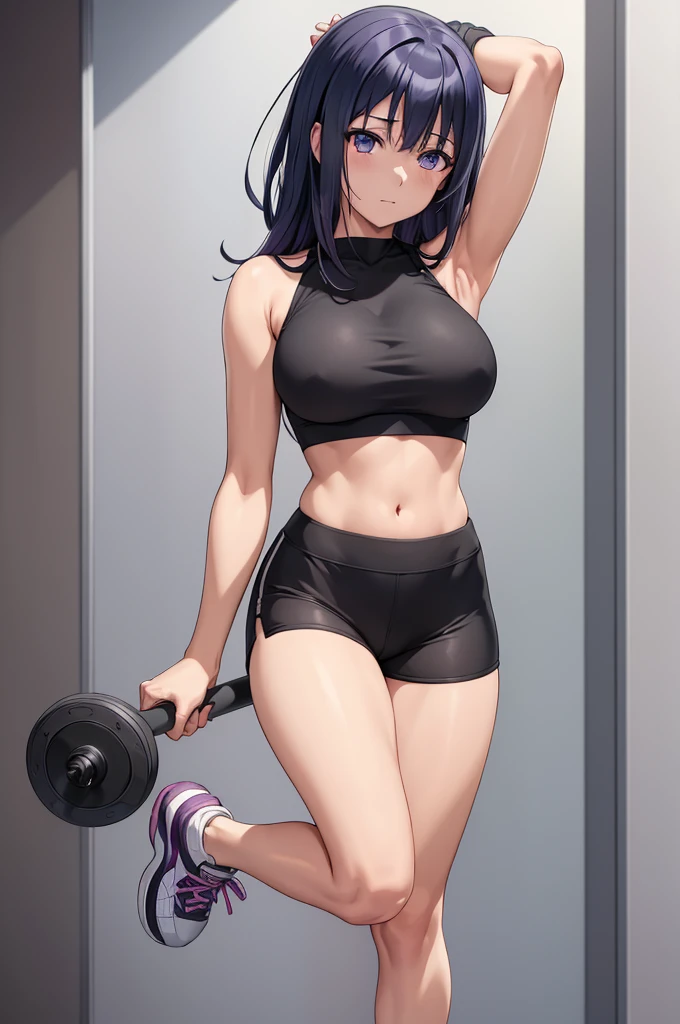1girl, 1girl hinata full body, Hinata Hyuga, Hinata Hyuga naruto shippuden, hyuga hinata, (anime: naruto), adorable, female body, perfect body, fullbody, lavender gentle eyes, dark blue hair, dark blue long hair, beautiful, perfect body, gym clothes, flex leggings, matt-black flex leggings, leggings matt-black, croptop, cropped shirt, beautiful woman body, hinata, ultrasharp, 4k picture, highly detailed, stunning