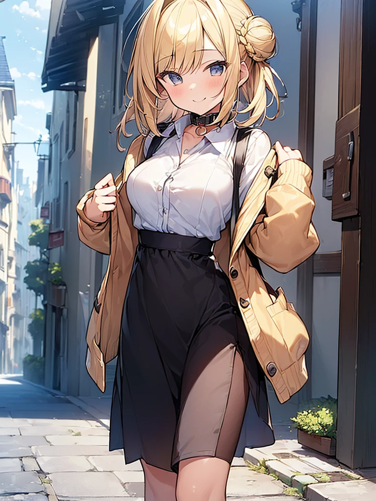 (Masterpiece, Top quality: 1.5),from behind, 1 beautiful girl, blond, walking, (Dress with collar, open front cardigan :1.3) , blond hair, medium hair, Tying a bun,(:1.2), medium breasts, standard weight, knapsack, (smile:1.2), blush :1.2, Beautiful scene of a quiet residential area,Mediterranean cityscape, magnificent panorama view