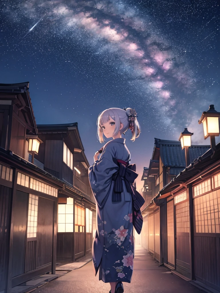 Woman in kimono walking down the street、In a dream、Angle from behind、look back、Night in Kyoto、Smiling、Starry Sky、Milky Way、