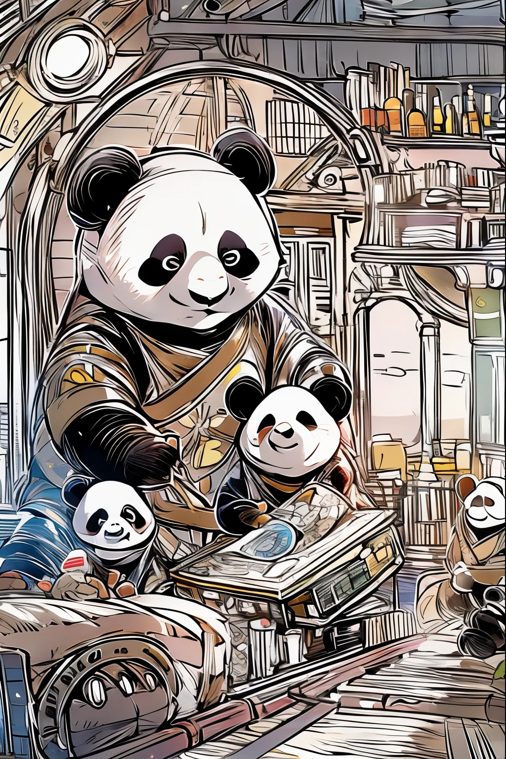 Panda family sightseeing inside USS ENTERPRISE, dune, star wars, masterpiece, coloring-book,