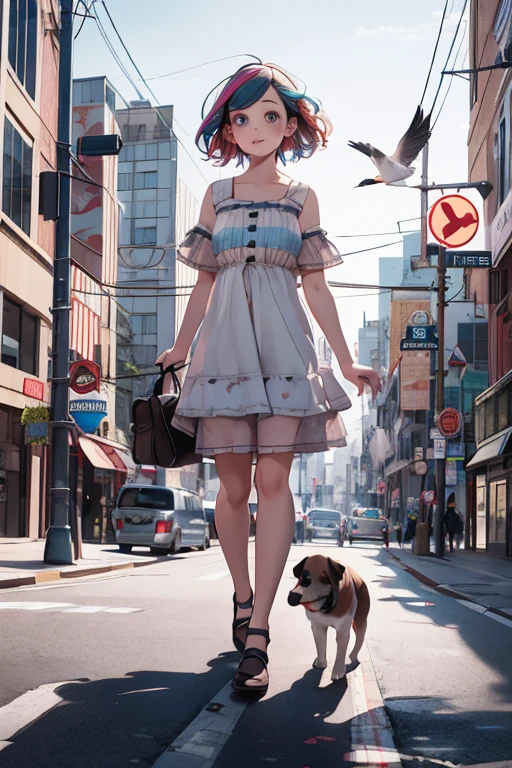 multiple exposure girl in a dress walks through the city, bird, dog, bus high detail, drawing contours, multi-layered colored pencil drawing , oil , wide viewing angle
