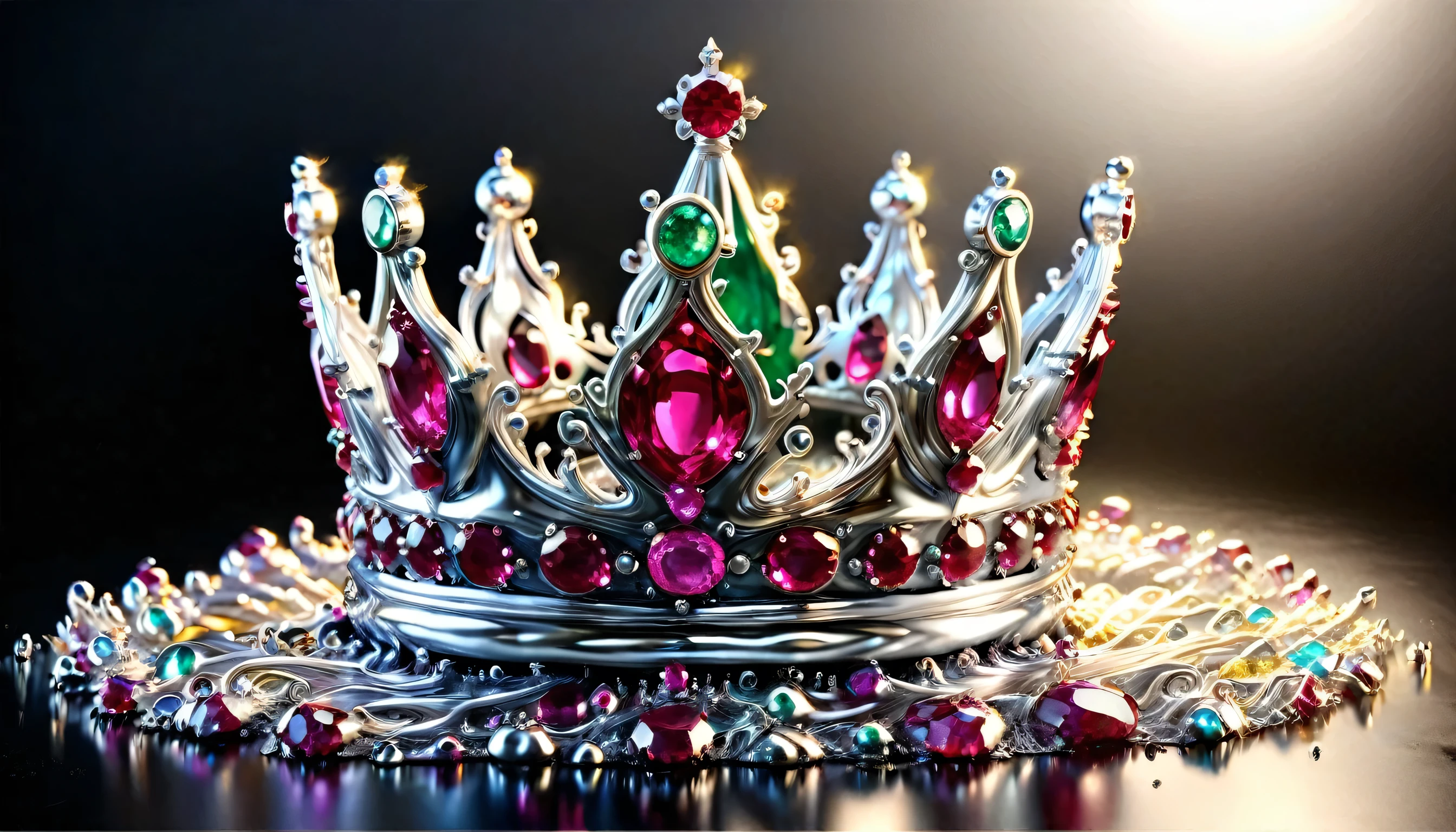 (liquid metal art: 1.5) LIQUID METAL a picture of jeweled crown ( (masterpiece, best detailed, best quality: 1.4), the crown is made from (gold: 1.2), (silver: 1.3), it is encrusted and decorated with (rubies: 1.3), emeralds: 1.3) and (opals: 1.3), dynamic background, close range picture,  ultra wide shot, photorealism, depth of field, hyper realistic, ral-ntrgmstn, watce, metallic