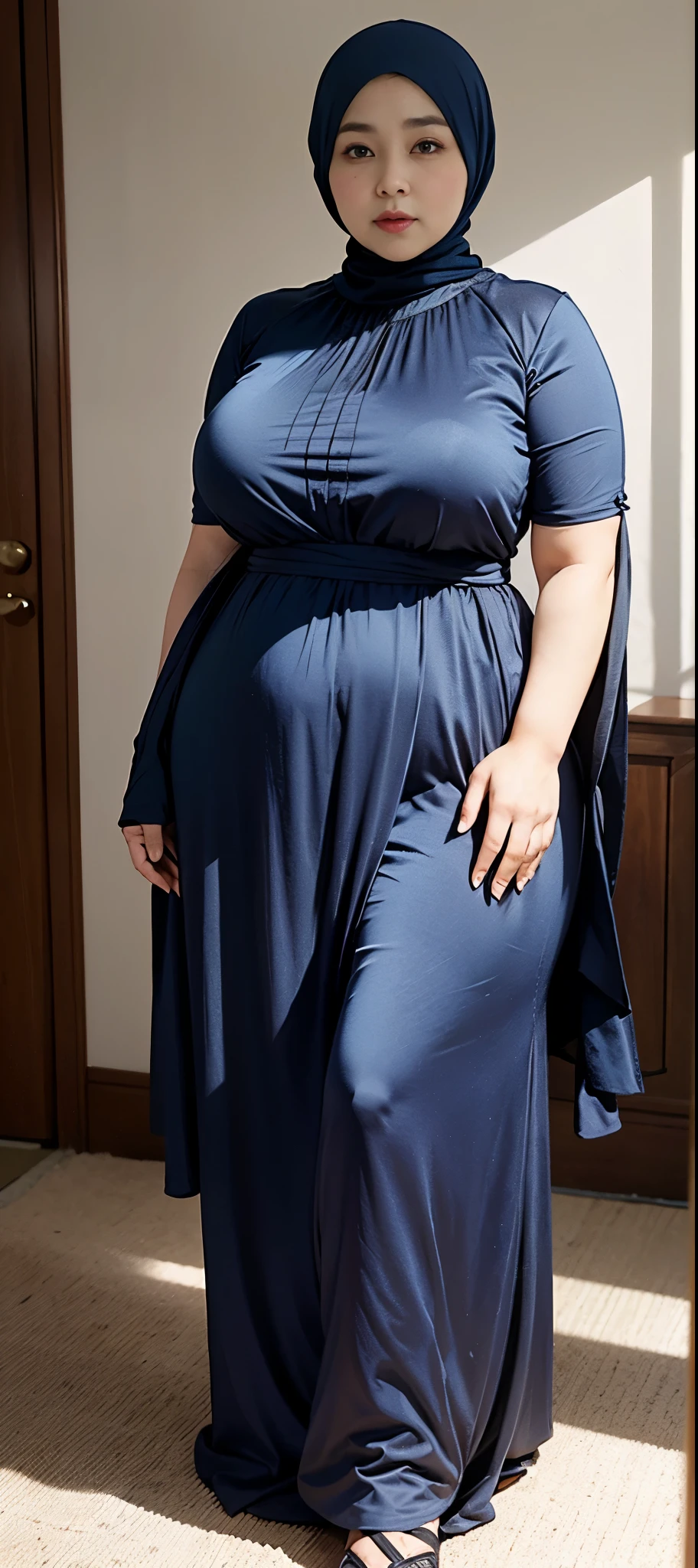 Chubby woman with fat belly and tight thighs, full body, 50-year-old mature woman, thick hips, thick neck, thick chest, big eyes, wearing a longest dress, wearing a hijab, hijabi woman