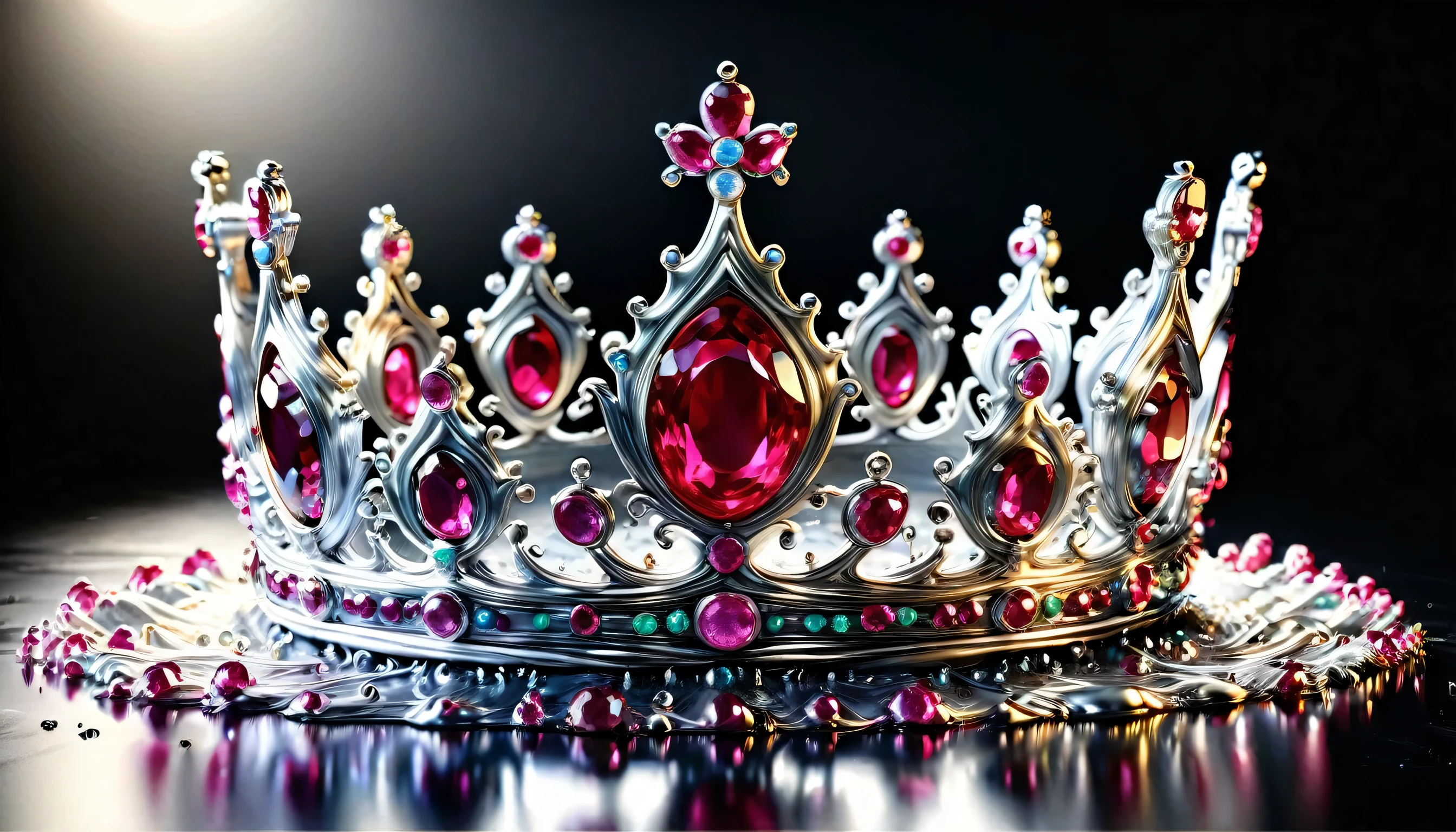 (liquid metal art: 1.5) LIQUID METAL a picture of jeweled crown ( (masterpiece, best detailed, best quality: 1.4), the crown is made from (gold: 1.2), (silver: 1.3), it is encrusted and decorated with (rubies: 1.3), emeralds: 1.3) and (opals: 1.3), dynamic background, close range picture,  ultra wide shot, photorealism, depth of field, hyper realistic, ral-ntrgmstn, watce, metallic