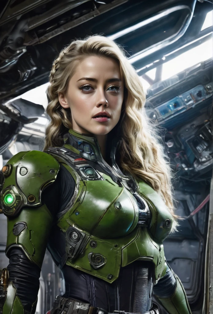 mujer alienigena extraterrestre, considerada como una de las razas mas bellas de la galaxia, con una cara, ojos y labios sensuales (parecidos a amber heard), ojos verdes, vestida con uniforme sexy de gears of war, se encuentra en centro de control de estacion espacial. hiperrealista, imagen nitida, 8
