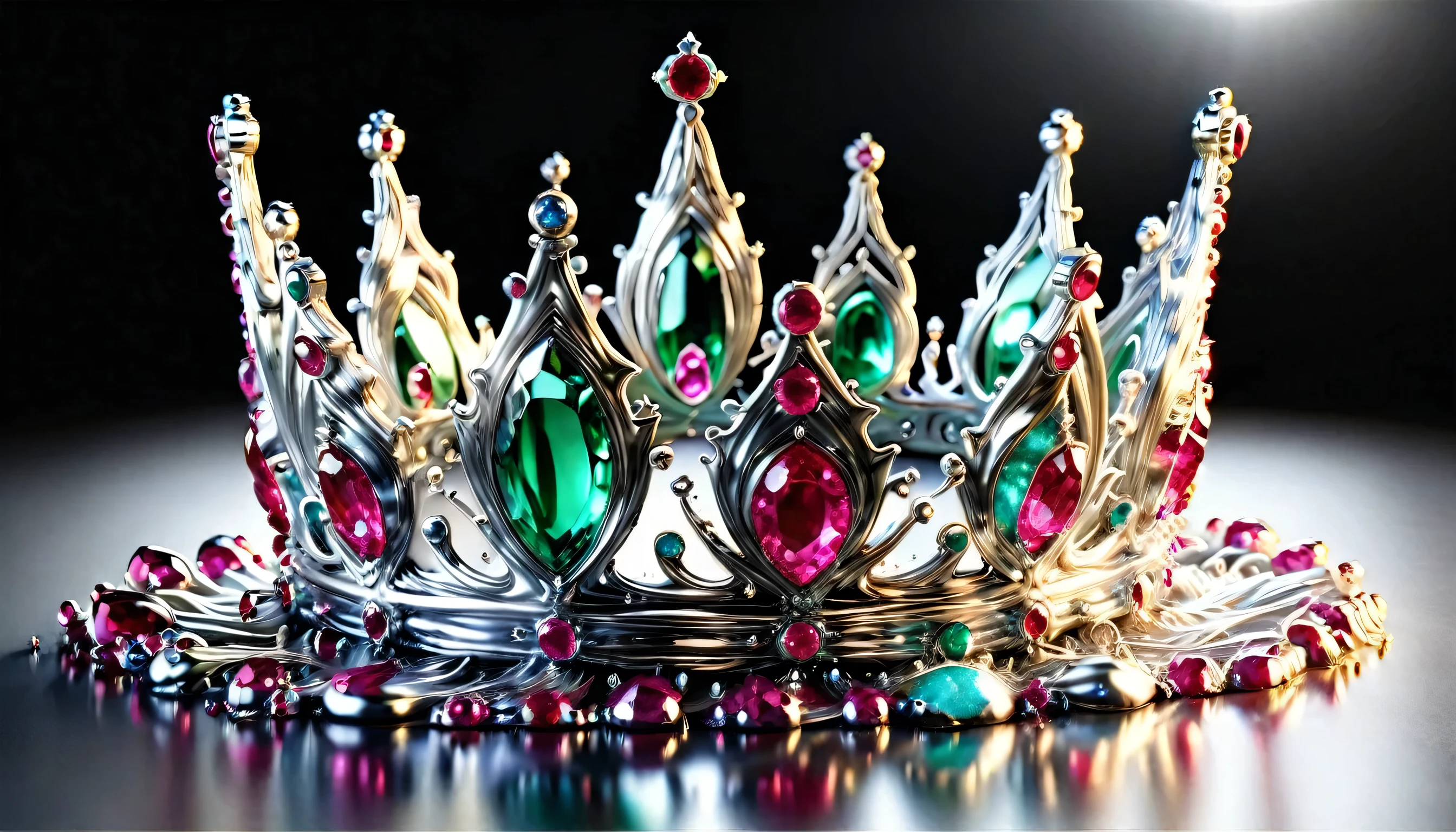 (liquid metal art: 1.5) LIQUID METAL a picture of jeweled crown ( (masterpiece, best detailed, best quality: 1.4), the crown is made from (gold: 1.2), (silver: 1.3), it is encrusted and decorated with (rubies: 1.3), emeralds: 1.3) and (opals: 1.3), dynamic background, close range picture,  ultra wide shot, photorealism, depth of field, hyper realistic, ral-ntrgmstn, watce, metallic