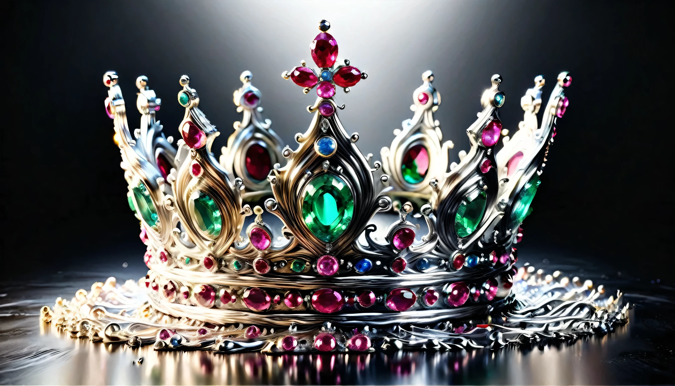 (liquid metal art: 1.5) LIQUID METAL a picture of jeweled crown ( (masterpiece, best detailed, best quality: 1.4), the crown is made from (gold: 1.2), (silver: 1.3), it is encrusted and decorated with (rubies: 1.3), emeralds: 1.3) and (opals: 1.3), dynamic background, close range picture,  ultra wide shot, photorealism, depth of field, hyper realistic, ral-ntrgmstn, watce, metallic