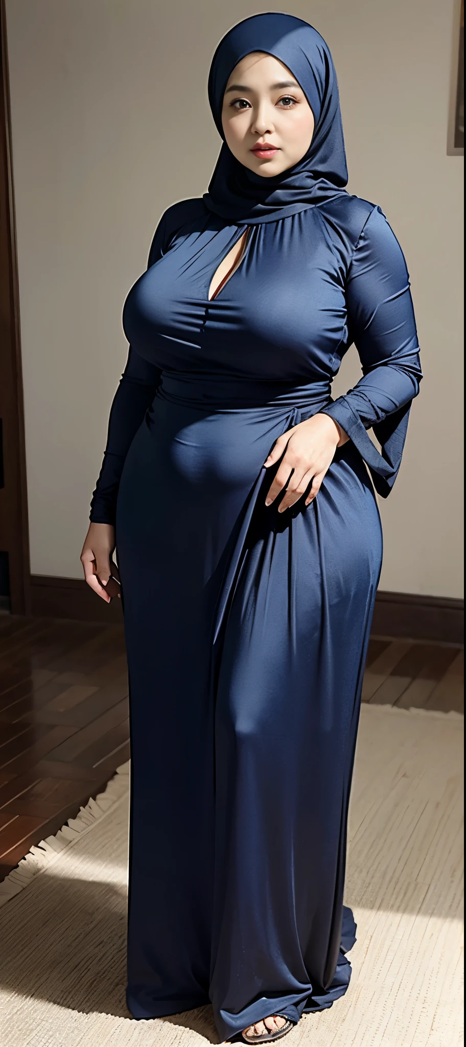 Chubby woman with fat belly and tight thighs, full body, 50-year-old mature woman, thick hips, thick neck, thick chest, big eyes, wearing a longest dress, wearing a hijab, hijabi woman