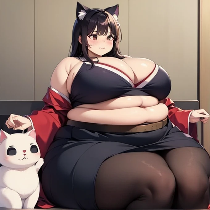 (masterpiece、best quality、Super quality、Perfect anatomical structure、detailed、Intricate details、Impeccable attention to detail、Excellent execution、Big breasts beauty、upscale、Perfect craftsmanship、Performance Arts:1.3),(fat、Chubby、Plum:3.45), 2 girls, Black hair color, White hair, By Bangs, Wide waist, Wide body,Cat ear,Huge belly,The abdomen is divided into two layers,Anterior abdominal tilt,The belt is tightening the belly,sitting in water,The belt is tightening the belly,Hip-covering skirt:3),Tight fabric on chest,Chubby,Heavy stomach,hot spring,Two fat cat women huddled together face to face,sitting in water,Skirt rip,hot spring,Eating,hot spring,Tight fabric on chest,kimono,The skirt is tight on the lower abdomen,hot springkimono,kimono,Anime cat girl huge intestines eat a lot of food and intestines on the table - car,Swollen stomach