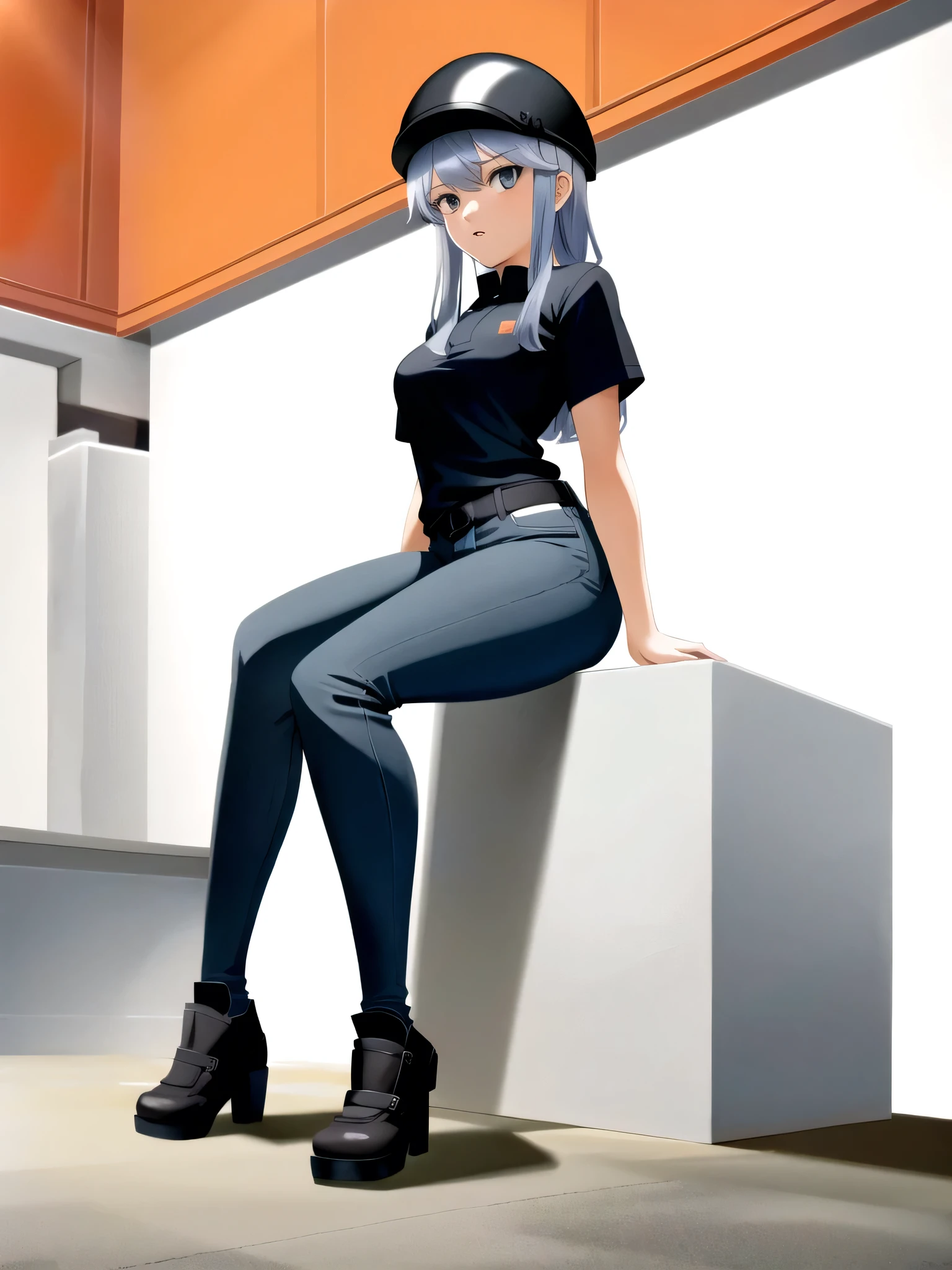 girl in a gray polo shirt, sitting on her butt, black jeans, legs spread, orange construction helmet on her head, background warehouse storage, soviet posters style