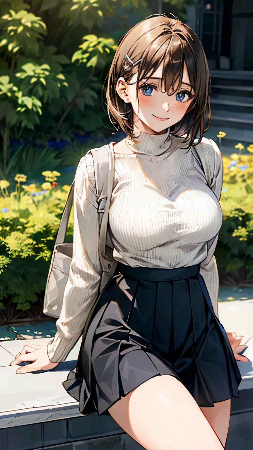 nsfw,(masterpiece:1.3, highest quality), (Realistic, photoRealistic:1.4), Beautiful illustrations, (Natural Side Lighting, Cinema Lighting),
Looking down, whole body, From below, 1 girl, Japanese, (reception), 20-year-old, Perfect Face, (Perfect Anatomy), Cute and symmetrical face, Shiny skin,
(short hair, Straight hair, Light brown hair), Hair between the eyes, Dark blue eyes, Hair Clip, Long Eyelashes, (Big Breasts: 0.8, Captivating thighs, Big Ass),
Beautiful Hair, Beautiful Face, Beautiful fine details, Beautiful clavicle, Beautiful body, Beautiful breasts, Beautiful thighs, Beautiful feet, Beautiful fingers,
((Very detailed costume, Ivory high neck sweater, Black pleated skirt, tote bag)),
(Beautiful views), Depth of written boundary, Late Afternoon, (garden, distant cityscape, sitting garden bench), Drinking fountain, (Smile), With legs apart、Showing her panties