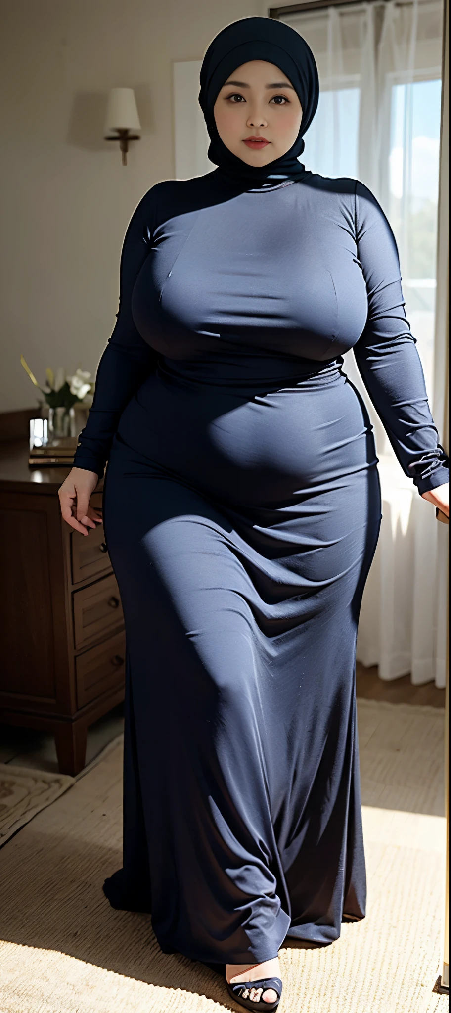 Chubby woman with fat belly and tight thighs, full body, 50-year-old mature woman, thick hips, thick neck, thick chest, big eyes, wearing a longest dress, wearing a hijab, hijabi woman