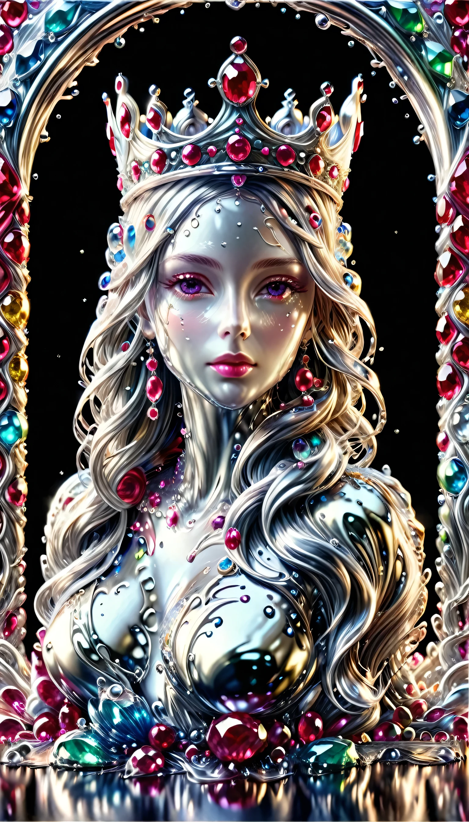 (liquid metal art: 1.5) LIQUID METAL a picture of jeweled crown ( (masterpiece, best detailed, best quality: 1.4), the crown is made from (gold: 1.2), (silver: 1.3), it is encrusted and decorated with (rubies: 1.3), emeralds: 1.3) and (opals: 1.3), dynamic background, close range picture, ultra wide shot, photorealism, depth of field, hyper realistic, ral-ntrgmstn, watce, metallic