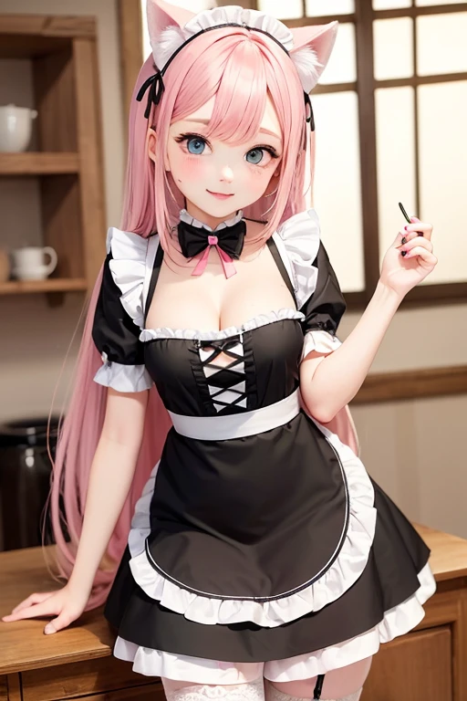 1 girl，Ombre hair，maid outfit，white lace， Exhibitionist， Upper chest， huge cleavage， realistically，looking at the audience，sitting on bed， Idol， （（Realistic skin texture））， ribbon，asphyxia， blue， grace，Cat Student,pink hair avatar，thick lips open cleavage,((Big breasts:1.4))、G cup slim figure、model figure、model standing、