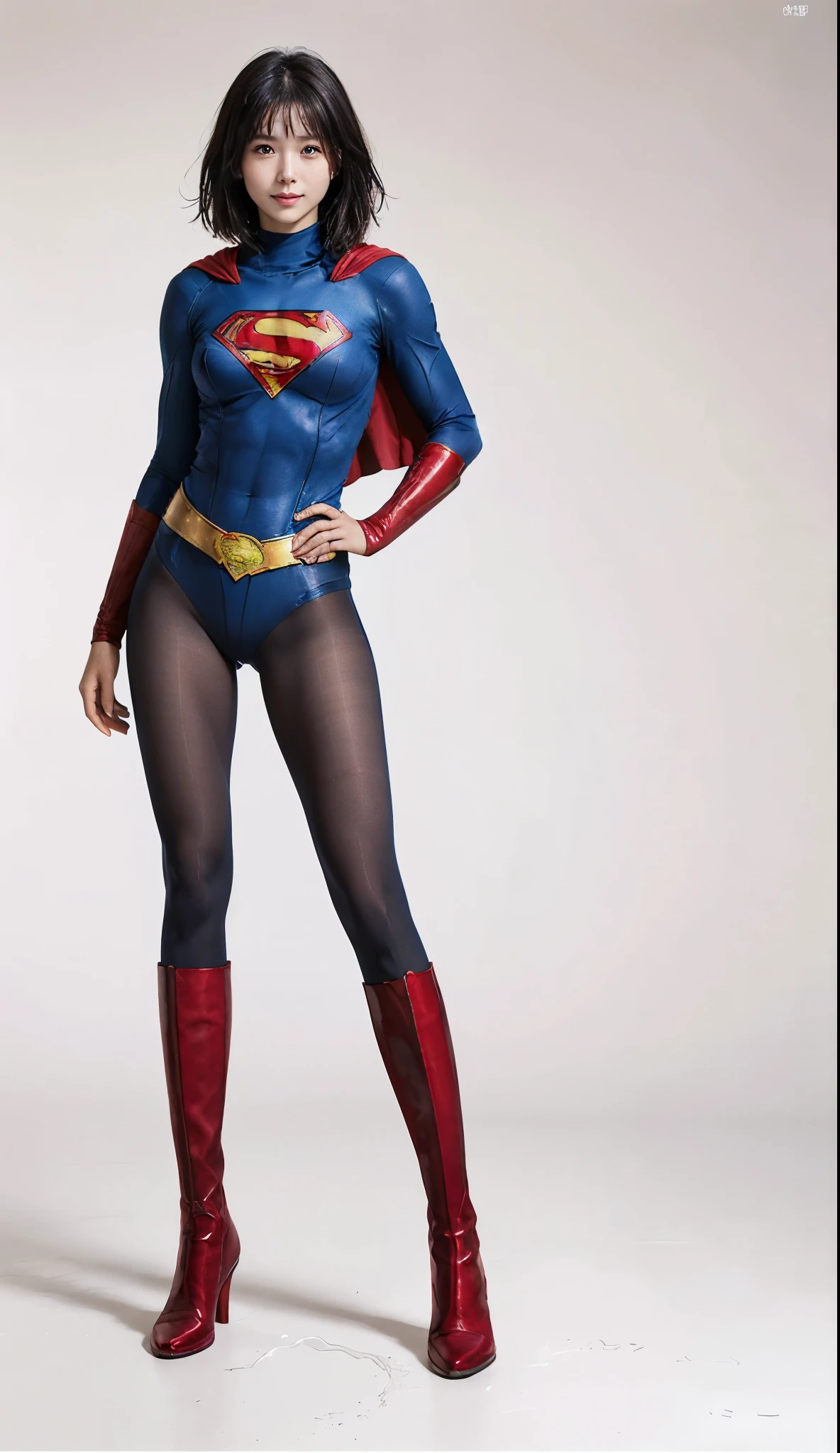 No background、(((Beautiful legs in black tights.)))、(((Legally express the beauty of your smile)))、((((Make the most of your original images)))、(((Supergirl Costume)))、(((Beautiful short bob hair)))、(((suffering)))、(((Please wear black tights....、Wear red boots)))、((Best image quality、8k))、((highest quality、8k、masterpiece:1.3))、(((Preserve background )))、Sharp focus:1.2、Beautiful woman with perfect figure:1.4、Slim Abs:1.2、Wet body:1.5、Highly detailed face and skin texture、8k